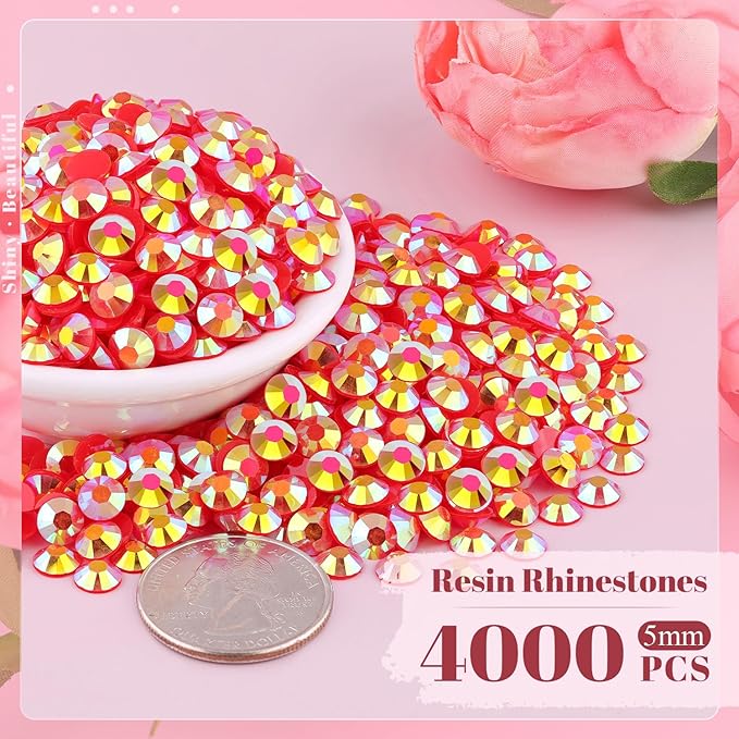 4000PCS 5mm Resin Jelly Rhinestones in Bulk (Red AB), Bedazzling Flatback Crystals Rhinestones for Crafting DIY Nail Decoration, Gems Diomand Charms for Tumbler Shoes Clothing Fabric