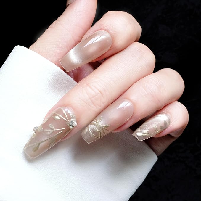 Nude Press-on Nails, Long Ballerina Shape, Gold Floral Design with Pearls, Handmade False Nail 10 Pieces (Large,LB)