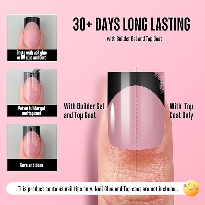 NOVO OVO Short Sharp Square Black French Tip Nail Tips Press on BERRY PINK, Extra Thick NEED Nail Glue Builder Gel Top Coat, Soft Gel Full Cover Fake Flase Nail Extension for DIY x 15 Sizes 240 pcs