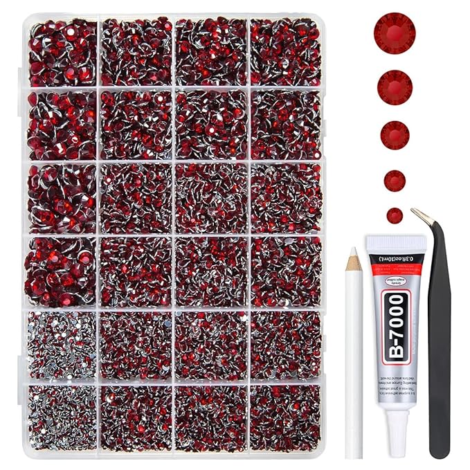 Dark Red Crystal Resin Rhinestones w B7000 Glue for Bedazzling Crafting 2mm-6mm Maroon Flatback Stones Diamonds Crystals Gems Bedazzler Kit for Nails Face Eyes Makeup Tumblers Bottles Crafts