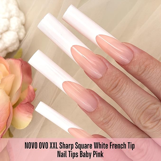 NOVO OVO XXL Sharp Square Nail Tips Pre-Designed White French Tip - 150Pcs Soft Gel Nail Tips Baby Pink Base, Full Cover False Nails 15 Sizes for DIY Acrylic Extension & Salon Supply (No C Curve Fit)