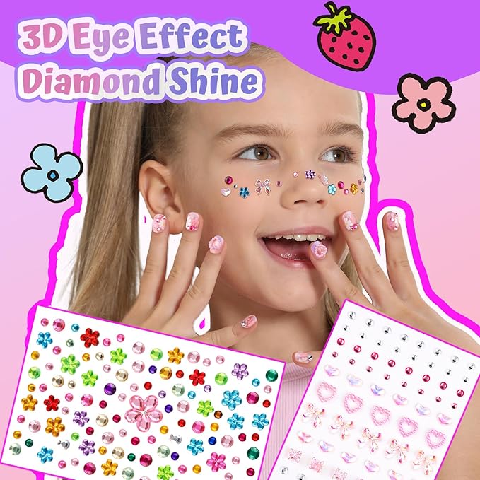 FANDAMEI Press On Nails for Girls, 12 Style Ombre Glitter Press On Nails for Kids, 6 Sheet Star Strawberry Bow Flower Nail Stickers for Kids, Colorful 3D Gem Stickers Face Gems, Nail Art Kit for Girls