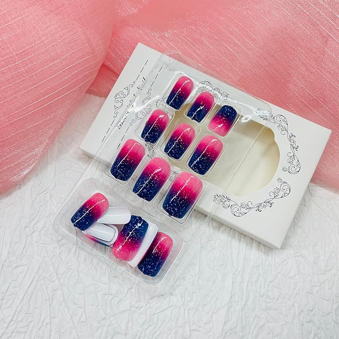 Square Press on Nails Short Fake Nails with Designs Starry Sky Stick on Nail Pink Gradient Acrylic False Nail Glitter Artificial Nail Full Cover Glue on Nails for Women
