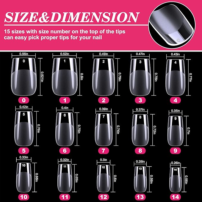 Short Square Nail Tips, 360Pcs Soft Gel Full Cover Nail Tips for Soak off Nail Extensions, Half Matte Clear False Gel Nails for Salons and DIY Nail Art, 15 Sizes