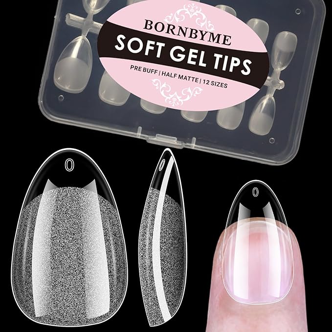 Extra Short Almond Soft Gel Nail Tips,120PCS Pre Buff Full Cover Shaped Nail Extenison Tips Half Matte Gel Nail Tips Acrylic False Nail Tips