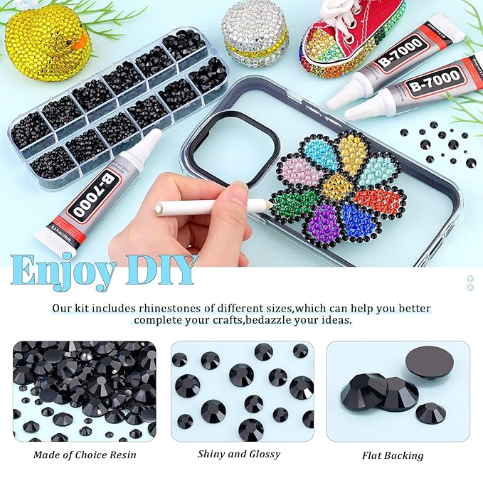 12000Pcs Resin Rhinestones for Bedazzling with 3Pcs B7000 Jewelry Glue, 2 Boxes Black Flatback Rhinestones for Crafting Crafts DIY, Crystals Gems for Clothing Shoes Tumblers Nail Art Makeup