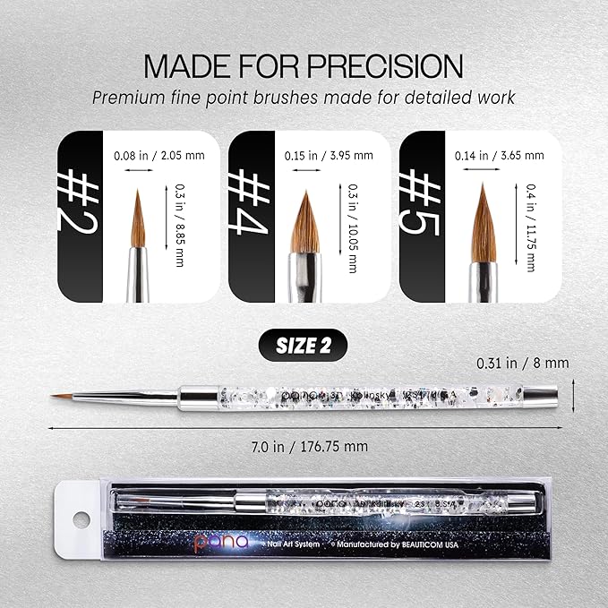 PANA 3D Kolinsky Nail Art Brush - Silver Glitter Handle, Size 2 - Acrylic Nail Art Sculpture Brush for Manicures Pedicure Salon Professional or Beginner