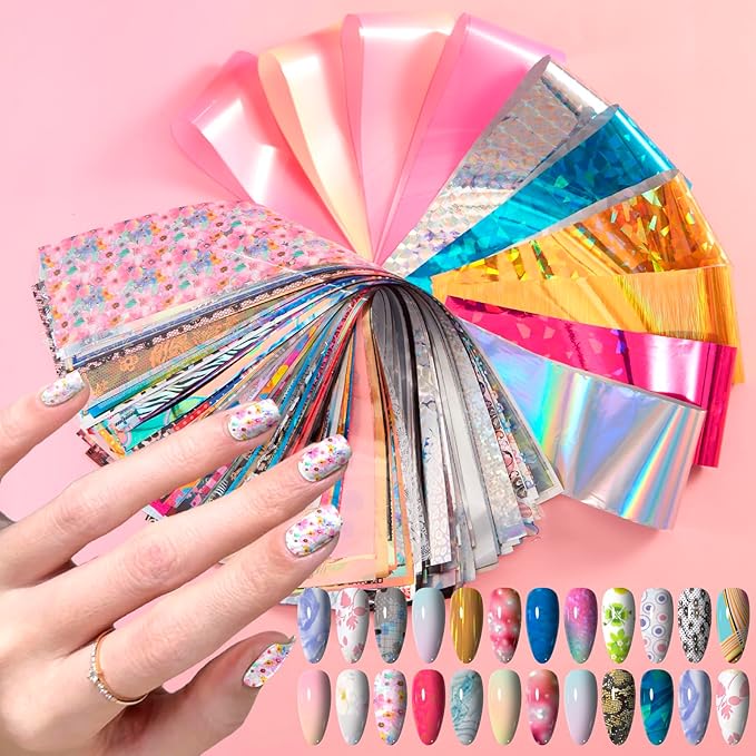 300 Sheets Nail Foils Transfer Nail Art Foil Stickers Laser Flower Iridescent Gradient Nail Sheets Leopard Print Marbling Transfer Sticker for Nails Decoration