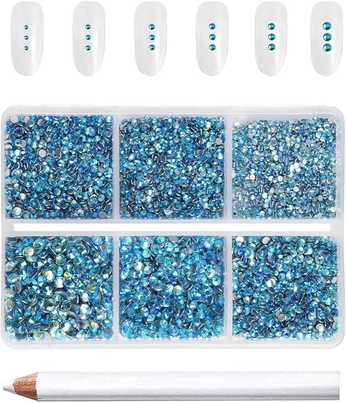 Beadsland 7200pcs Flatback Rhinestones,Blue AB Rhinestone Nail Gems Round Crystal Rhinestones for Crafts,Mixed 6 Sizes with Wax Pencil Kit, SS3-SS10,Aquamarine AB