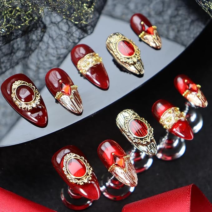 Red Press on Nails Retro Nail Art with Diamond Design Handmade Nails Press ons Gold Fake Nails Medium Almond Glue on Nail Reusable French Tip Stick on Nail for Women Girls Gorgeous Manicure (M)