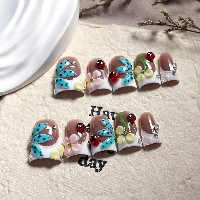 10Pcs Luxury Press on Nails Short Duck Handmade Fake Nails 3D Flower and Rhinestone Design 100% Handmade False Nails with Glue Sparkly French Tip Stick on Nail for Women (Size M)