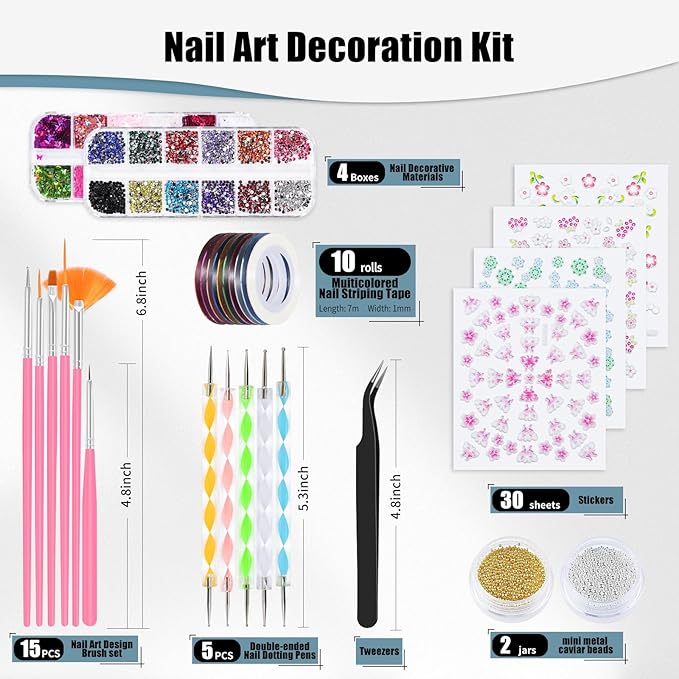 67 in 1 Nail Art Brushes Nail Art Kit,Brushes Dotting Pens with Striping Tape,Mini Metal Caviar Beads Ball,Rhinestones, Pearls,Metallic Foil Flakes,Sequins,Stickers Manicure Design Tools (Pink)