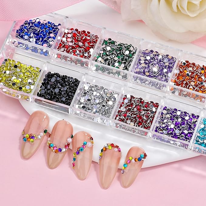 4000pcs 2mm Flatback Nail Art Rhinestones, Resin 3D Sparkling Nails Crystal Diamonds Gems Mini Charms with Tweezers and Dual-end Brush for Nail Art, Crafts Artwork DIY, Face Makeup Gems Jewels (6-K1)