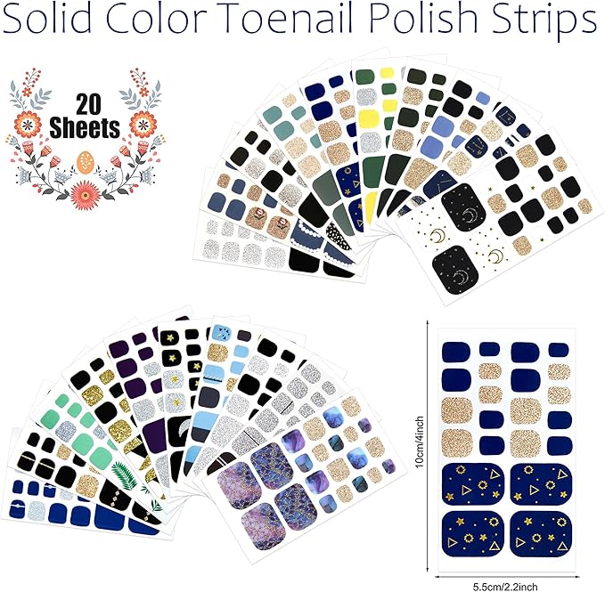 JERCLITY 440 Pieces 20 Sheets Toe Nail Stickers Full Nail Wraps Self-Adhesive Glitter Toenail Polish Strips Full Nail Stickers Nail Art Decals Strips with Nail File for Women Girls Kids（Cool Colors）