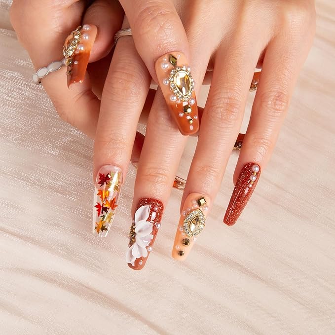LOVFUL Press on Nails Golden Cascade | Handmade with Full Covered Crystals | Reusable Full Cover Nails | Coffin Classic Regular 1.3 in | H343-S