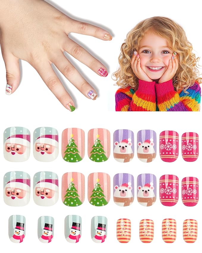 Cute Press on Nails for Kids,Girls Trendy Stuff Fake Nail Kit for Ages 5-12, Pre-glue Glitter Short Christmas Nails Stick on Nails, Great for Girl Birthday Gifts,Party&Makeovers Decoration