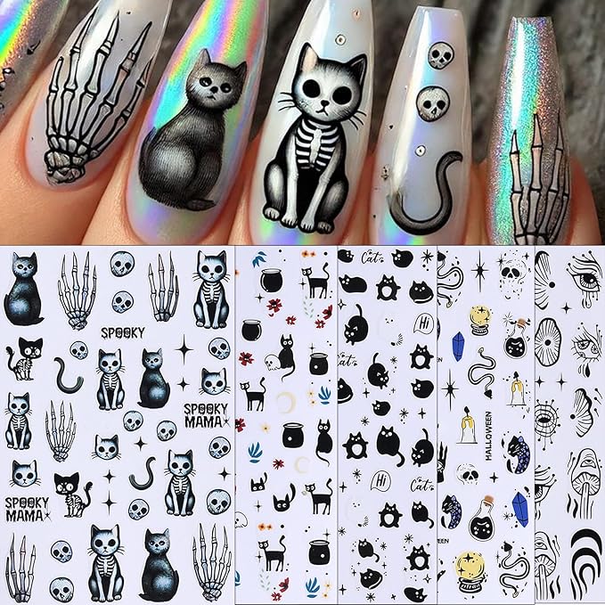 Halloween Skeleton Cat Nail Stickers, Black Cat Self-Adhesive 3D Nail Art Decals for DIY Magic Ball Manicure (5 Sheets)