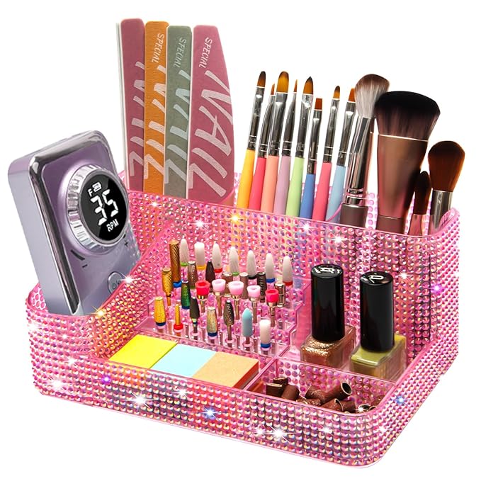 CGBE Nail Drill Holder, 28 Holes Drill Bit Holder for Nails, Professional Nail Tool Organizer, Nail Desk Organizer for Nail Tech, Nail Salon DIY Use - Diamond Pink (Not Including Nail Drill Set)