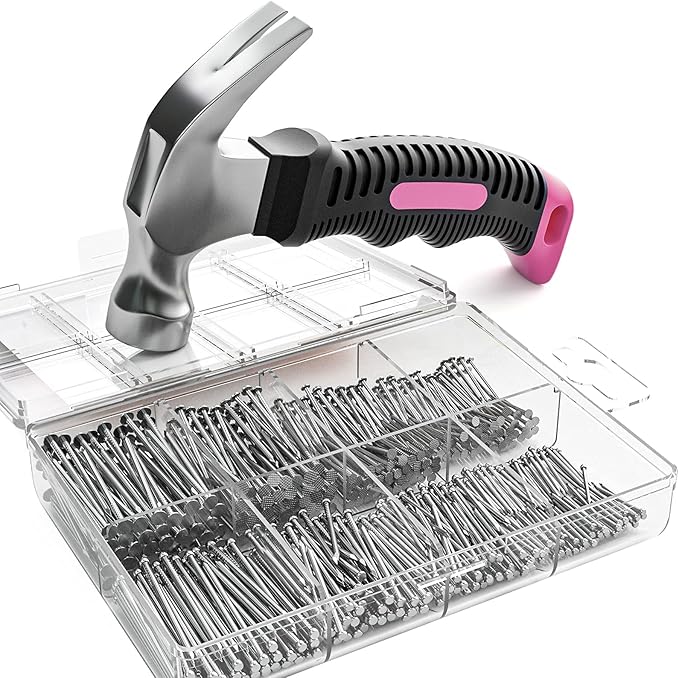 INCLY 620 PCS Small Nails for Hanging Pictures Assortment Kit with 8oz Pink Small Hammer, Mini Hammer Set with Hardware Nails Assorted Set 310 Wall Nails & 310 Finish Nails for Installing with Case