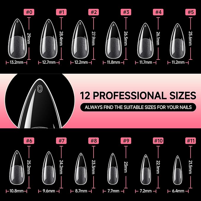 UNA GELLA Medium Stiletto Gel Nail Tips Full Cover 216Pcs Almond Shape Nails Tips Stiletto Pre Etched Soft Gel Nails Clear Fake False Nail Tip for Home Art Salon 12 Sizes