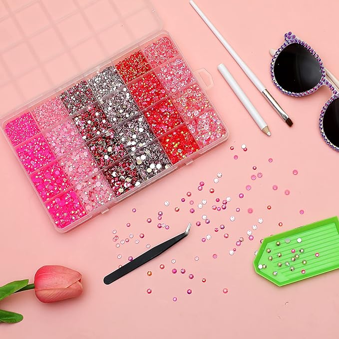 30000PCS Pink AB Resin Flatback Rhinestones Kit, Jelly Resin Non-Hotfix Rhinestones for Crafts DIY Design, Tumblers, Clothes, Makeup, Nail Art 2mm, 3mm, 4mm, 5mm