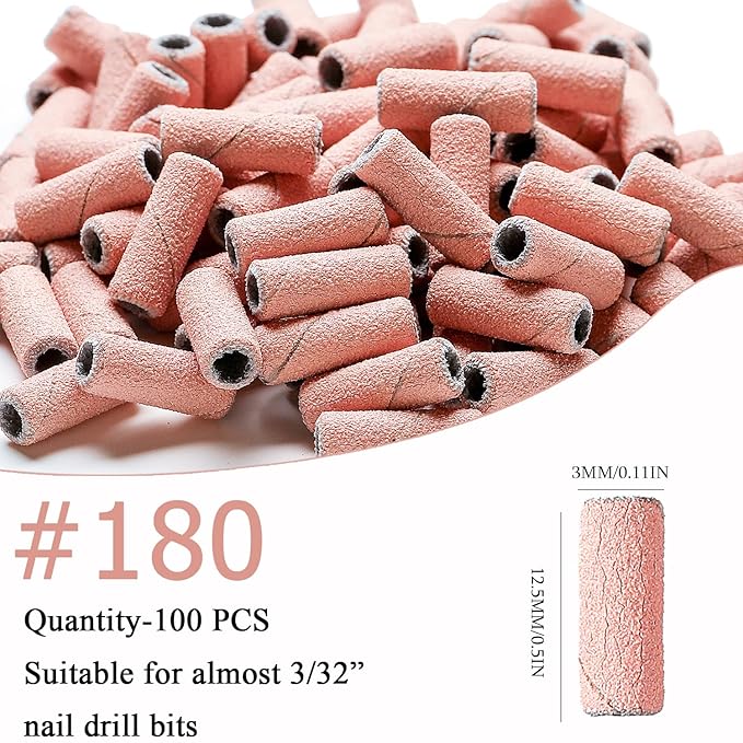 100pcs Nail Drill Bits Small Sanding Bands with Upgrade 3.1mm Mandrel Bit,180 Fine Grit Nail File Sanding Bands for Acrylic Nails Gel Removing Shaping Manicures and Pedicure(Pink, 180 Grit)