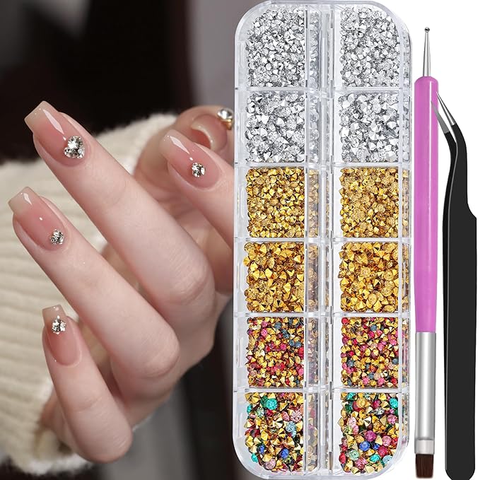 4200 Pcs Nail Art Rhinestones Kit,2-3mm Shiny Gold/Silver/Mixed Colors Rhinestones,3D Pointed Bottom Nail Gems with Tweezers and Dual-end Brush for Manicure DIY Crafts Face Makeup(26-K1-pointed-GS)