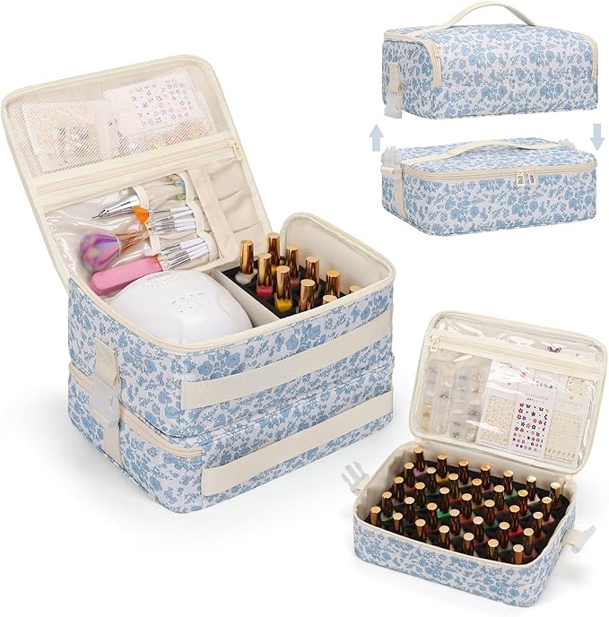 OCHEAL Nail Polish Organizer, Holds Nail Lamp and 45+ Bottles,3 Usage Modes Detachable Nail Storage Bag Travel Nail Tech Case Holds Nail Kit Stuff Manicure Tools -Floral
