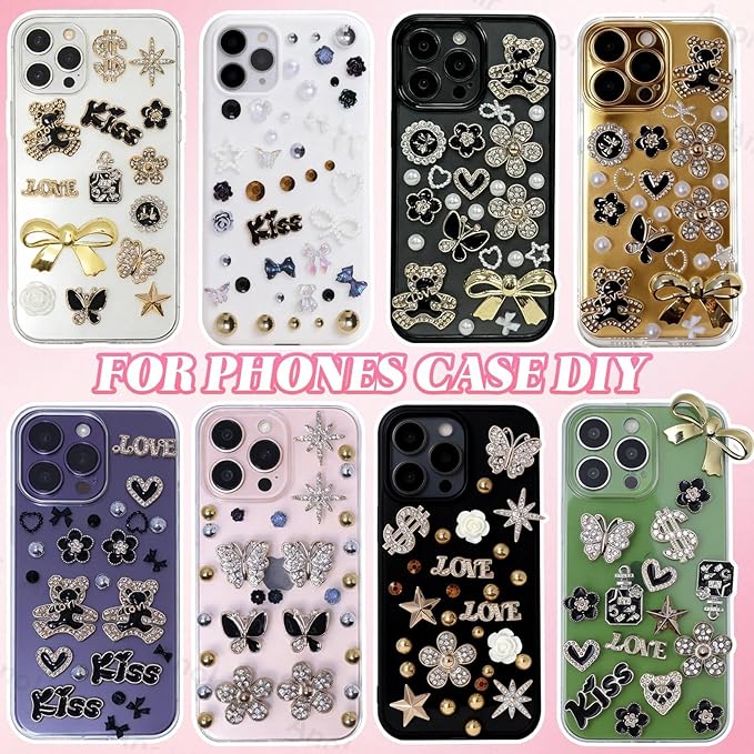 Magic Black Junk Case Charms Kit, Mixed Gold Silver Black Flatback Resin Pearls Rhinestones Bedazzling Kit, Punk Big Junk Phone Cases Charm, Heart Star Bow Flower Charms for Phone Case DIY Crafts