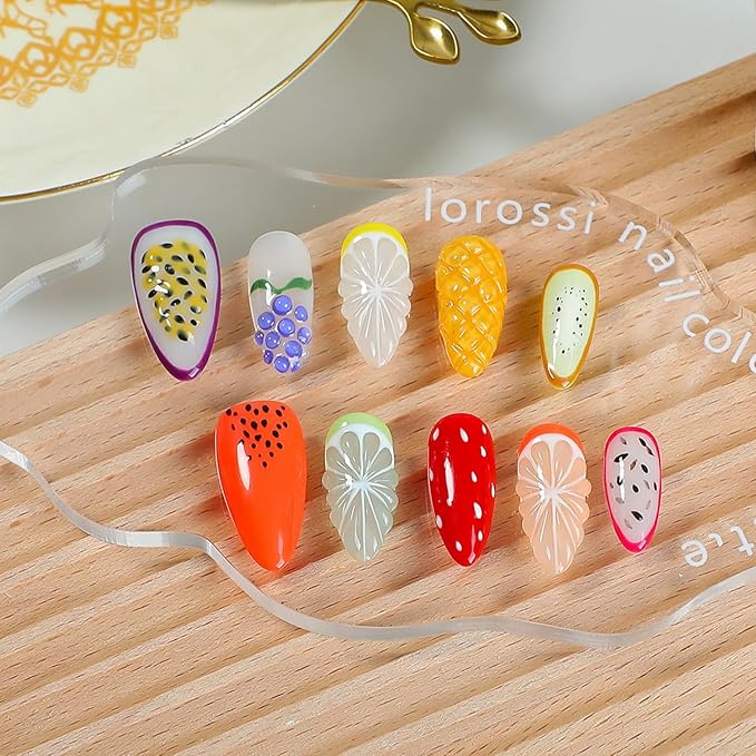 Handmade Fruit Press on Nails Luxury Thick Medium Almond Fake Nails with Lemon Grape Mango Pattern Design Muti-Layer Gel Spring Summer Fruit False Nails Full Cover Acrylic Nails for Women (Size M)