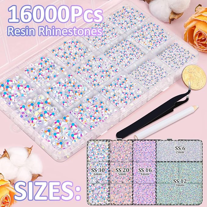 16000Pcs Resin Jelly Rhinestones for Crafting, White AB Non Hotfix Flatback Gems, Bedazzling Crystal with 3Pcs 10ml B7000 Jewelry Glue for DIY Crafts Clothing Tumblers Shoes Fabric Nail Art