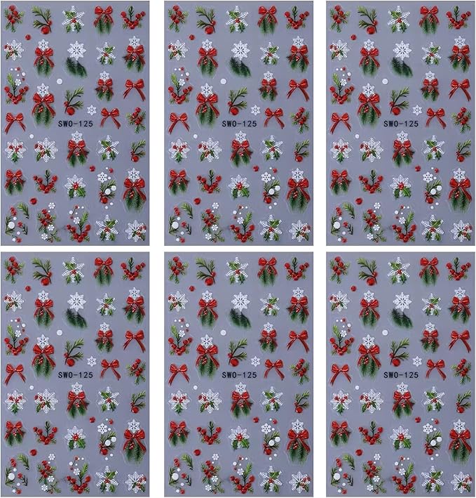 6Pcs Christmas Nail Art Stickers 3D Embossed Christmas Holly Bow Nail Decals Self Adhesive Winter Nail Supplies Xmas Design Snowflake Nail Stickers for Women New Year DIY Manicure Art Accessories