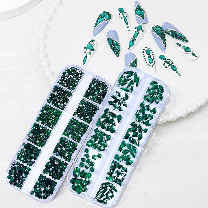 Nail Rhinestones - 3D Multi Shape Size, Flat Back, Crystals Manicure Rhinestones Charms, Green Nail Gems, with Kit, for Nail Art, Bedazzling Acrylic Nails, DIY Decor