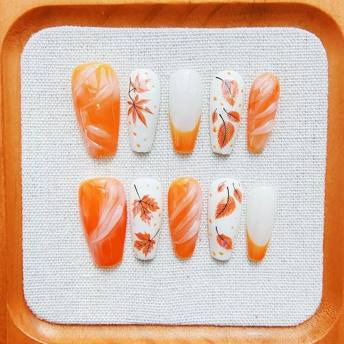 30Pcs Fall Press on Nails Medium Coffin Fake Nails Maple Leaf False Nails with 3D Ripple Designs Orange French Tip Maple Leaves Stick on Fingernails Autumn Thanksgiving Acrylic Nails for Women