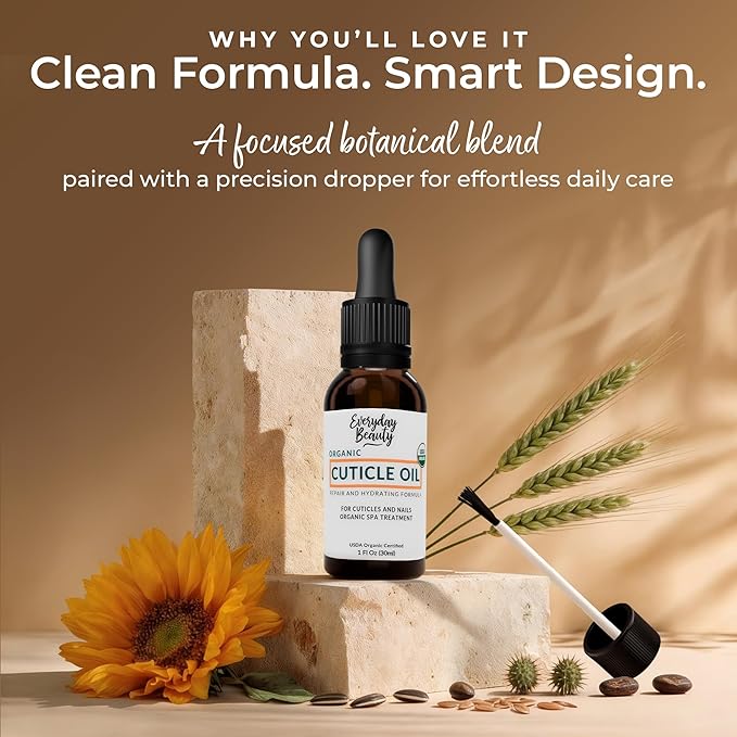 Organic Cuticle & Nail Oil - Repair, Revitalize & Hydrate Cuticles and Nails - Organic Spa Treatment - For Stronger Healthier Nails and Cuticles - 1 Fl Oz Glass Bottle with Nail Brush and Dropper
