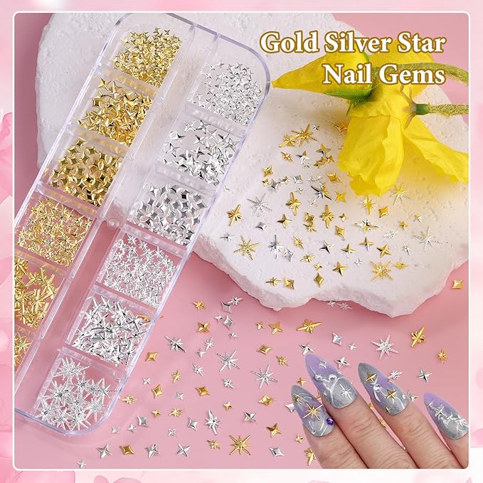 5 Boxes Gold and Silver Nail Charms, 3D Star Cross Nail Charms, Gold Silver Metal Nail Art Decoration, Bow Heart Butterfly Crown Caviar Beads Nails Studs with Pickup Tools for Nails Design DIY Craft