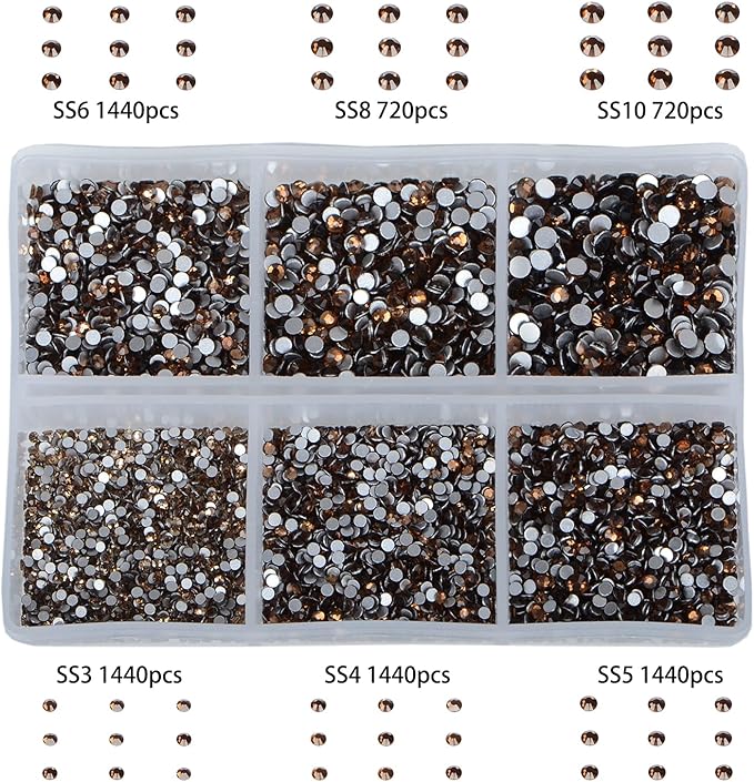 Bymitel 7200 Pieces 6 Mixed Sizes Glue Fix on Glass Rhinestones Round Crystal Gems Flatback for DIY Jewelry Making with one Picking Pen(6-Sizes 7200PCS, Smoked Topaz)