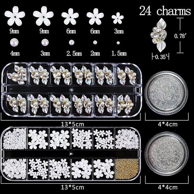Rhinestones for Nails, Nail Art Charms 3D Flower Nail Charms for Acrylic Nails White Gold Supplies Luxurious Gems Rhinestones Pearls Design Accessories for Women Manicure Decorations