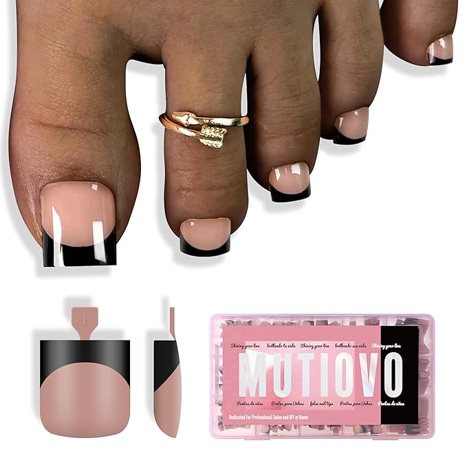 Toe Nail Tips Press on Black French Tip, BROWN PINK Long/Medium Wide Fake Toenails, Full Cover Sharp Square Pre-Designed Soft Gel False Toenail Acrylic Extension for DIY 15 Sizes 240 pcs