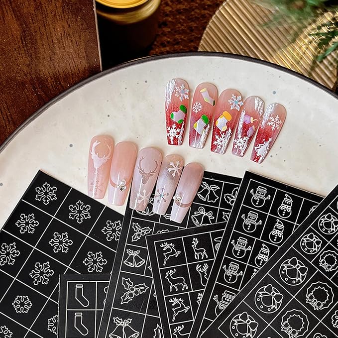 Christmas Nail Stickers Airbrush Stencils Stickers for Nail Art Self Adhesives with Snowman Snowflower Deer Bell Wreath Socks Designs Supplies Design Nail Guide for Manicure Nails Decoration 6 Sheets