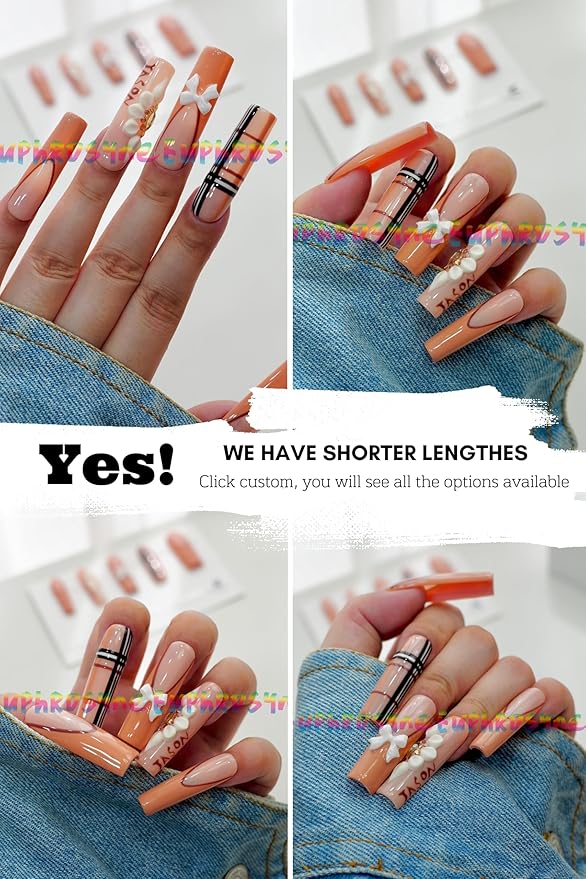 10PCS Orange Pink Press On Nails – Long Coffin Fake Nails with 3D Bows, Pearl Flowers & Geometric Line Art Design, Glossy Reusable Nails for Women and Girls – Euphrosyne