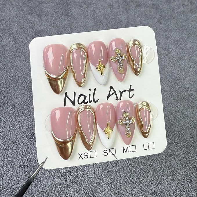 Handmade Fake Nails Medium Almond Press on Nails Rhinestones 3D Gold Curve Line False Nail French with Cross Designs Glossy Glue on Nail DIY for Women Manicure Art (Size S)