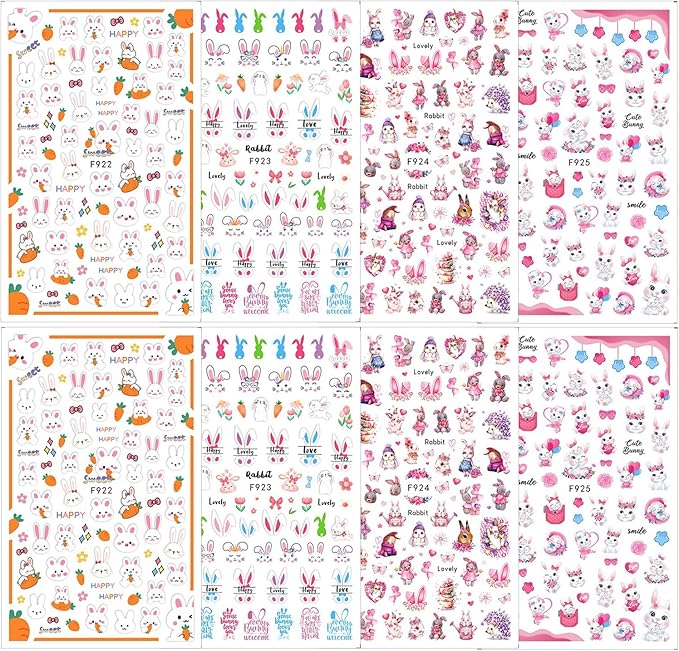 8 Sheets Easter Nail Decals for Nail Art Cartoon Rabbit Nail Art Stickers 3D Self-Adhesive Heart Flower Carrot Bunny Nail Decals Cute Easter Nail Supplies for Women Acrylic Nails Decorations