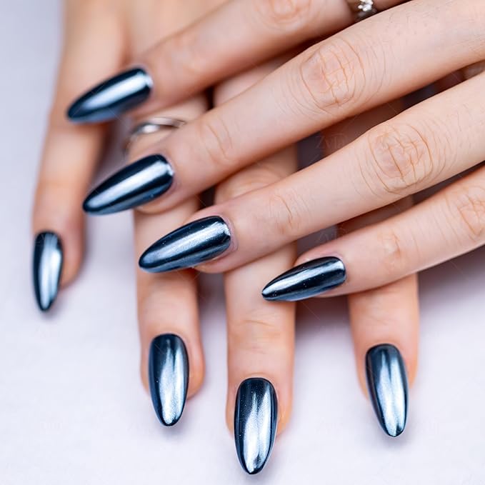 10 Pieces Handmade Press On Nails Medium Almond, Metallic Blue Thickened False Nails, Reusable Fake Nails Almond, Reusable Acrylic Nails (S)