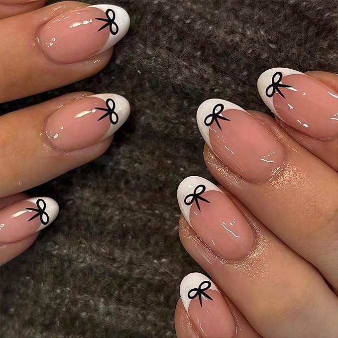 White French Tip Press On Nails Almond Short Fake Nails with Black Bow Design False Nails Valentines Day Bow Full Cover Acrylic Artificial Nails Press Ons Stick On Nail for Women DIY Manicure 24PCS