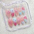 Blue French Press on Nails Handmade Medium Almond Nails with Glue,Nude Fake Nails with 5D Flower Art ＆ Butterfly Charm Design Muti-Layer Gel Handmade Nail Nature False Nails for Wome (Size S)