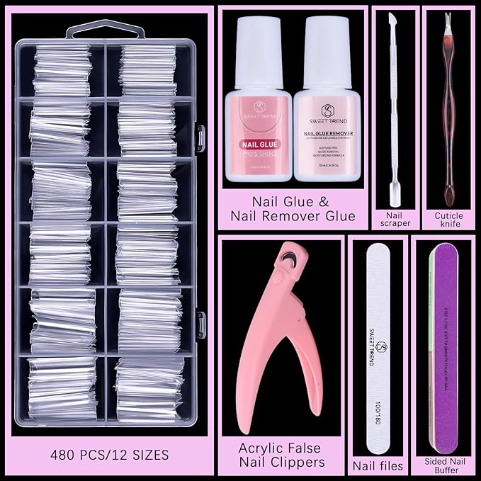 Tapered Square Fake Nail Tips: Sweet Trend No C Curve Nail Tips for Acrylic Nails 480Pcs 12 Sizes Extra Long Straight Flat Half Cover Nail Extension Kit with Glue Remover & Glue Acrylic Nail Clippers