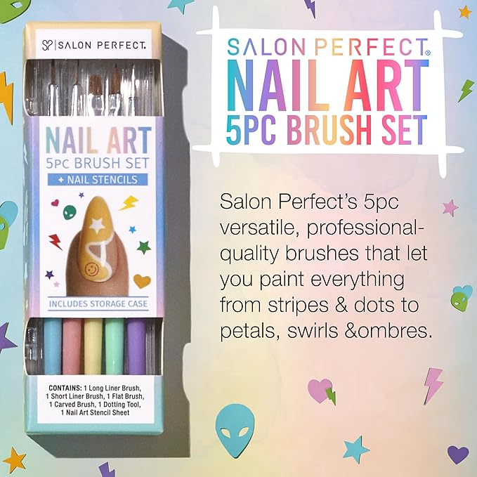 Salon Perfect Nail Art Brushes Set, 5-Piece Nail Art Design Pen Painting Tools with Nail Art Stencils, Includes Liner Brush, Flat, Carved Brushes, Dotting Pen, and Storage Case