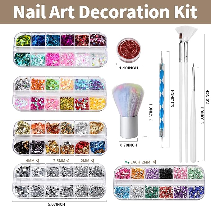 FANDAMEI Nail Art Brushes Kit, Nail Design Tools Set with Dotting Tools, Fine Nail Glitter Butterfly, Glitter Sequins, Foil Flakes, Nail Rhinestones, Dust Brush