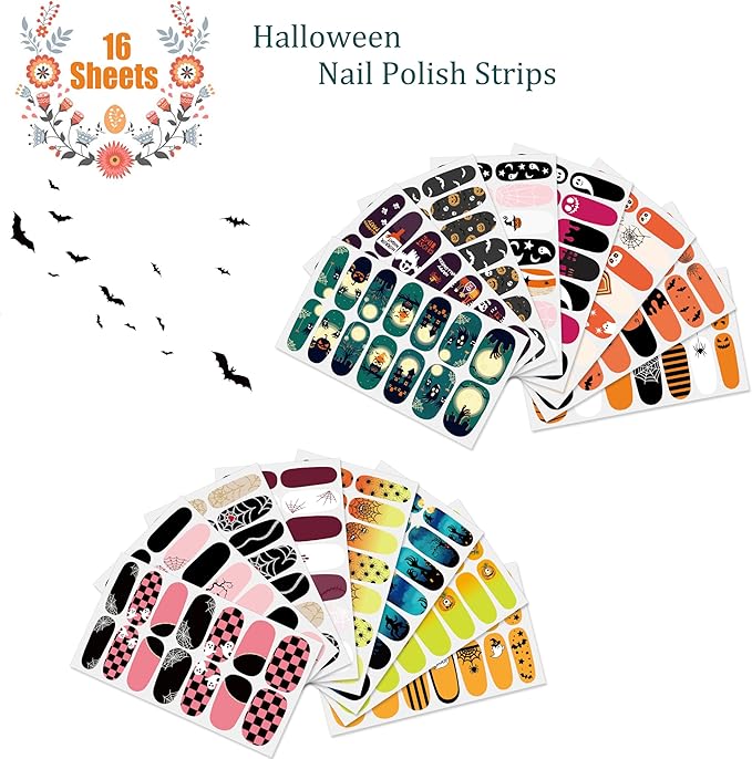 JERCLITY 224 Pieces 16 Sheets Halloween Nail Wraps for Short Nails Halloween Nail Polish Strips Cobwebs Ghosts Spider Haunted House Jack-o'-Lantern Nail Stickers for Women